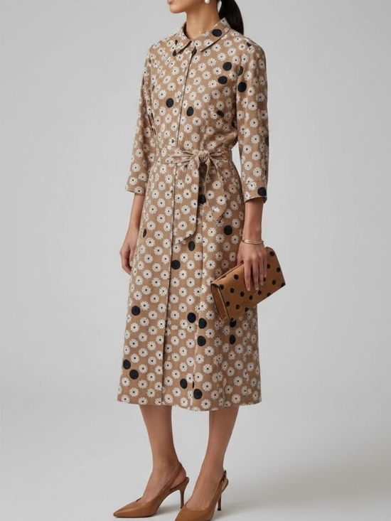 Talbots Dresses & Skirts - Talbots Brown Floral & Black Dot Long Sleeve Dress
